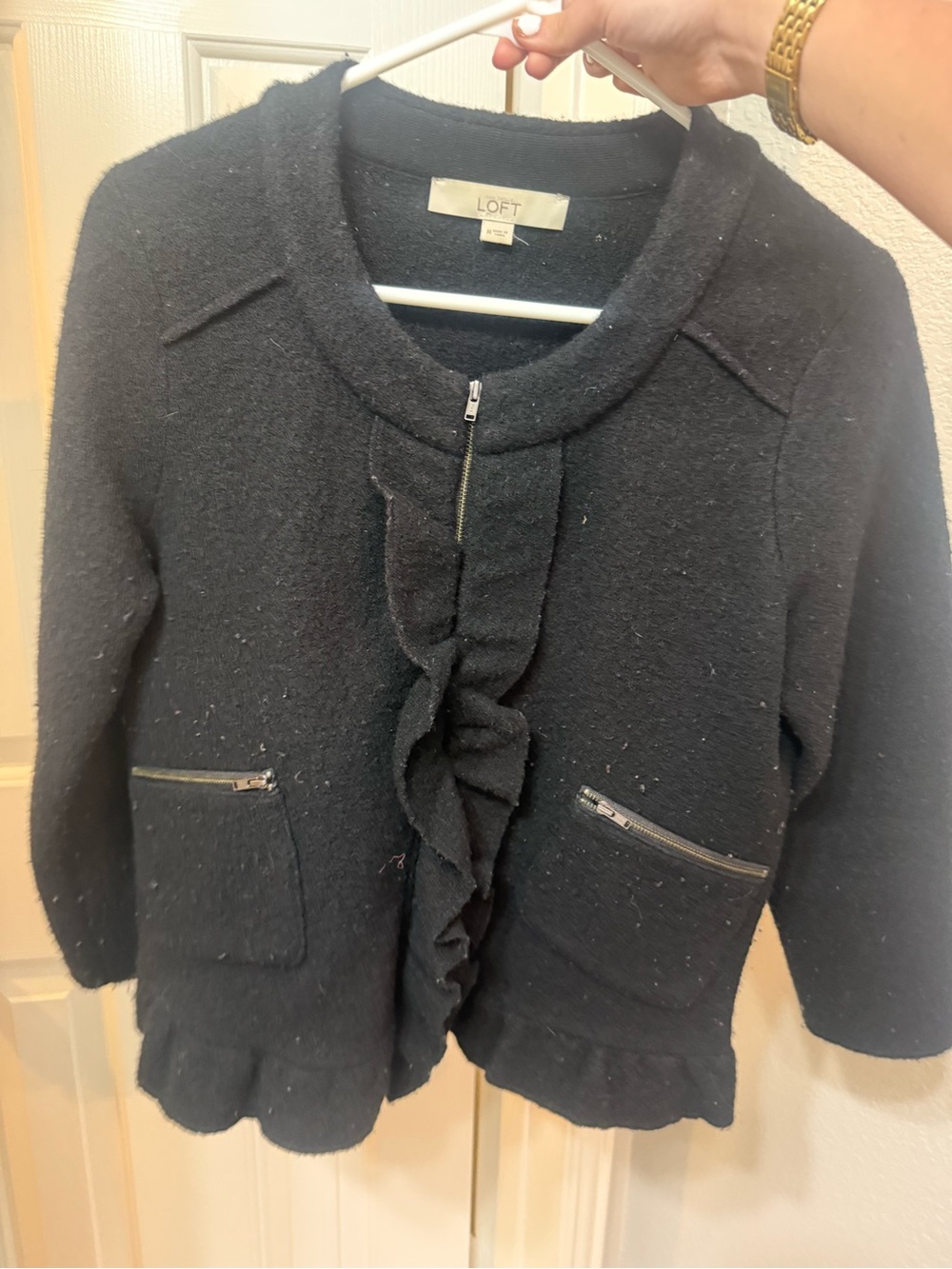 LOFT Black Ruffle Front Zip Bouclé Jacket